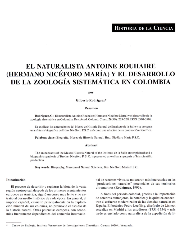 El naturalista Antoine Rouhaire (Hermano Nicéforo María) y el desarrollo de la zoología sistemática en Colombia