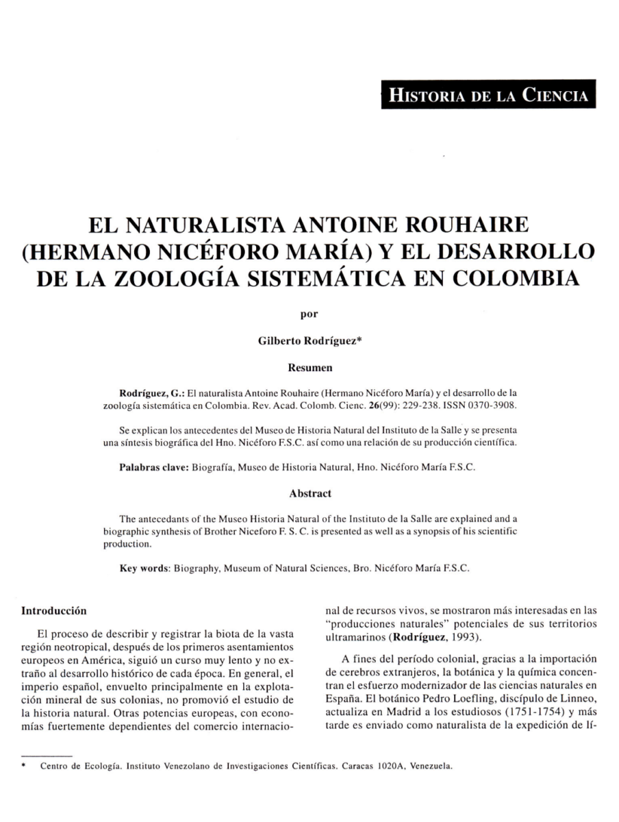 El naturalista Antoine Rouhaire (Hermano Nicéforo María) y el desarrollo de la zoología sistemática en Colombia