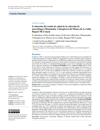 Evaluación del estado de salud de la colección de murciélagos (Mammalia: Chiroptera) del Museo de La Salle, Bogotá MLS-mam