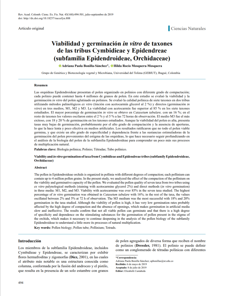 Viabilidad y germinación in vitro de taxones de las tribus Cymbidieae y Epidendreae (subfamilia Epidendroideae, Orchidaceae)